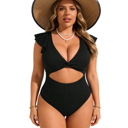 CL (L-4XL) 2026 one-piece high waist swimsuit female wooden ear waist hollow out