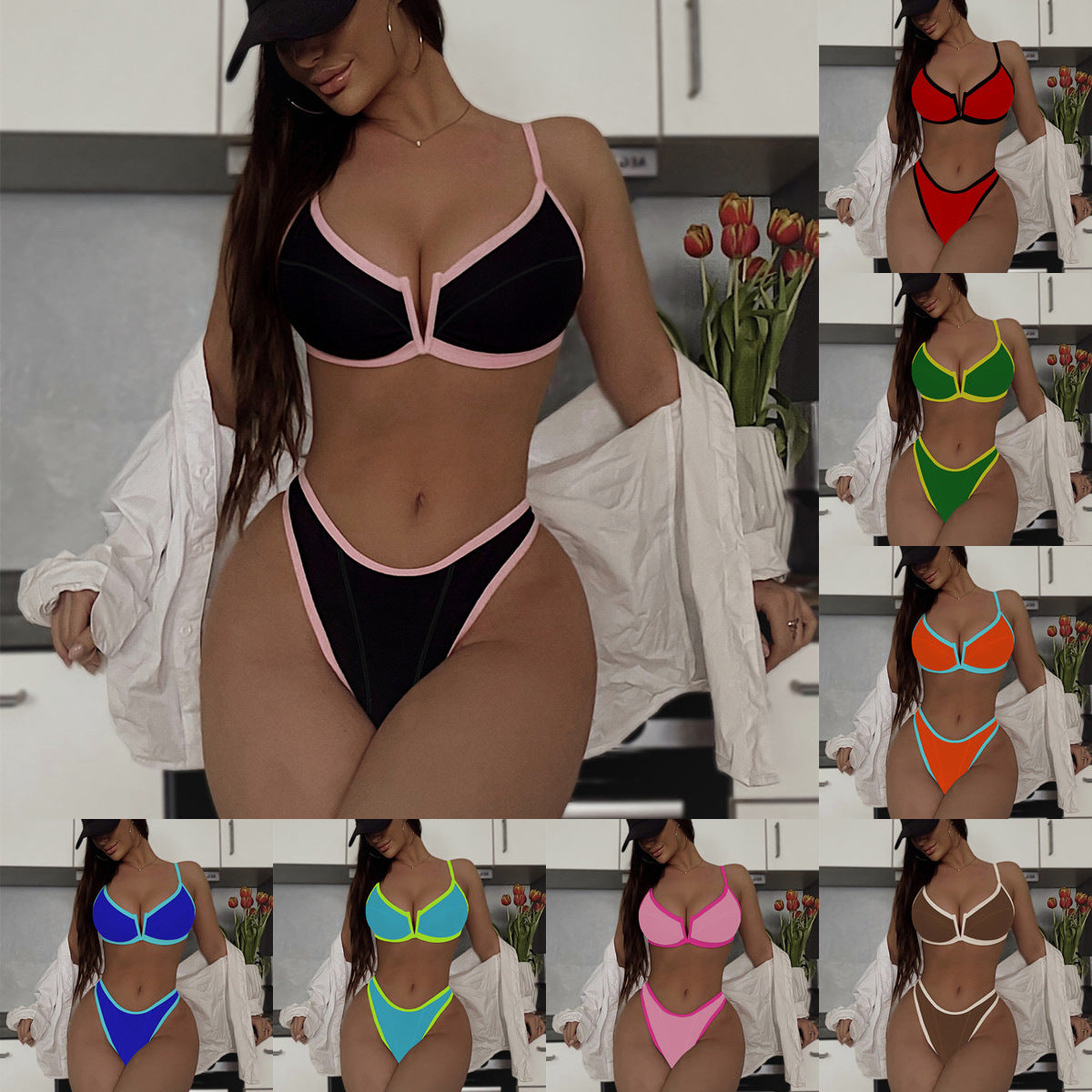 Bikini swimsuit V-support color matching bikini6761