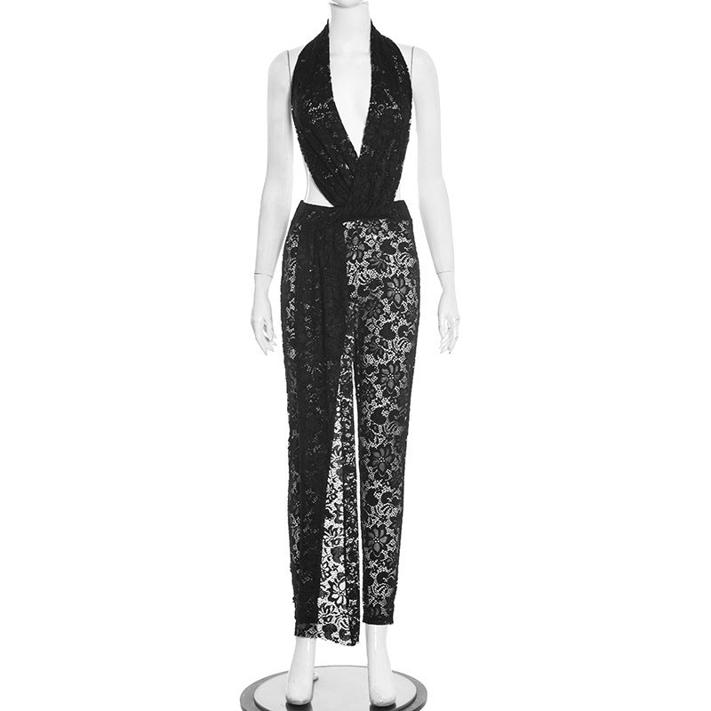DZHT J25JP483 halter cut-out lace see-through backless lace jumpsuit
