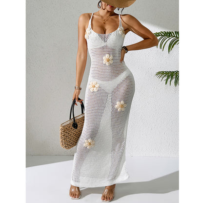 CYB dress hand crocheting flower halter lace-up side slit knitted dress