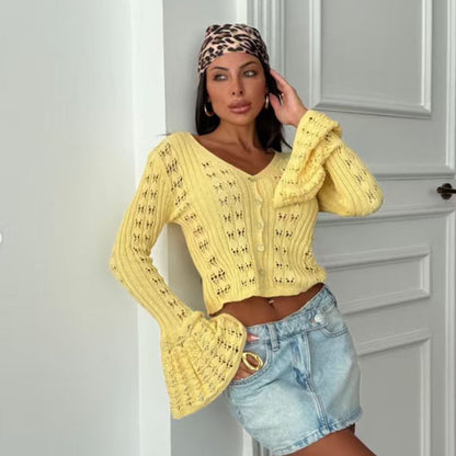 CYB knitted cardigan long sleeve V-neck French bell sleeve blouse