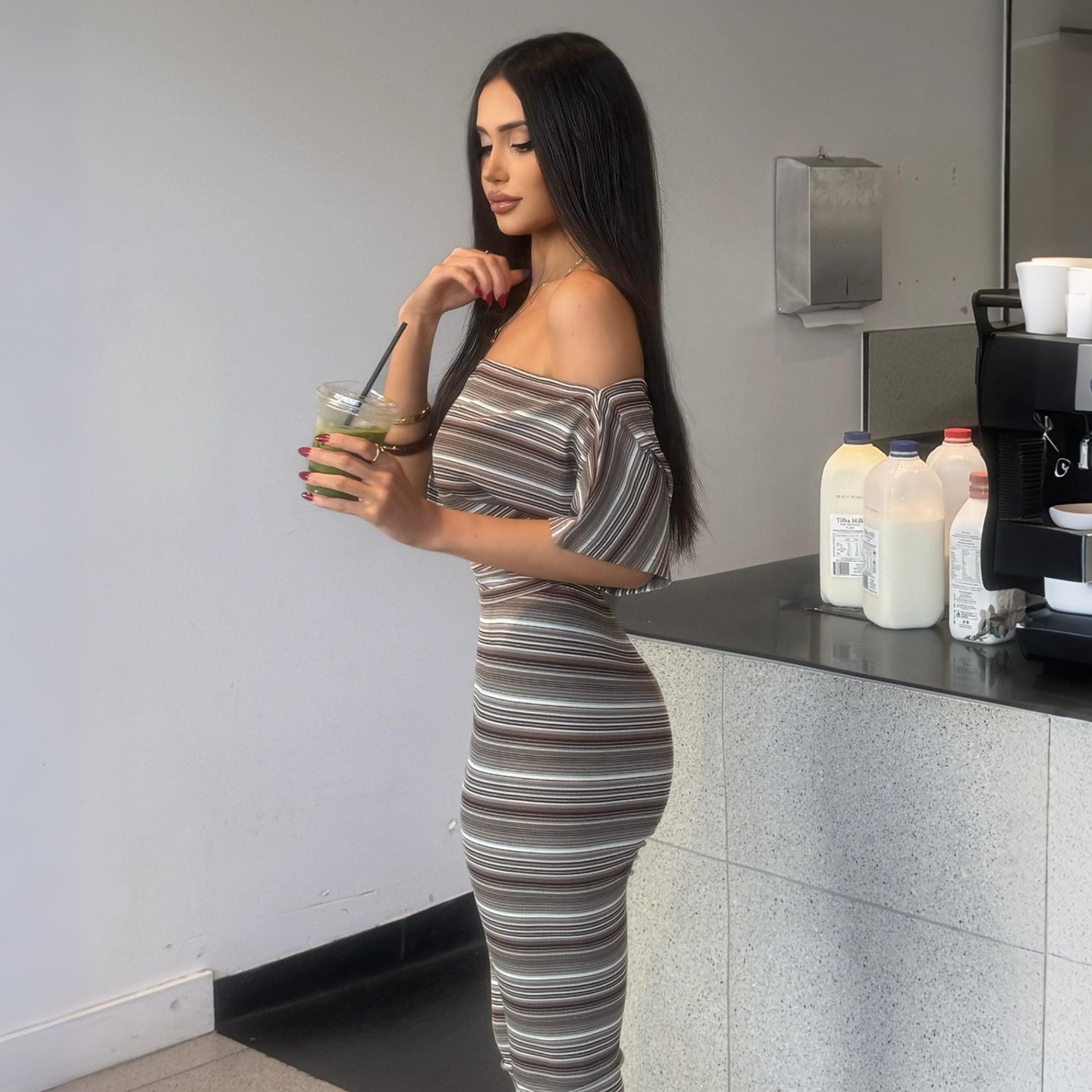 DLS summer stripes tube top off-shoulder short sleeve skinny knee length pants suit