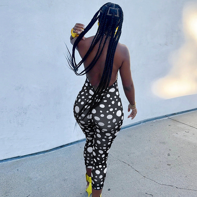 DZHT D26JP077 spring/summer polka dot print halter strap bare back tight one-piece trousers