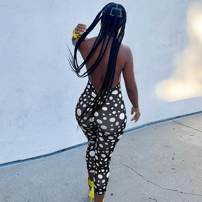 DZHT D26JP077 spring/summer polka dot print halter strap bare back tight one-piece trousers