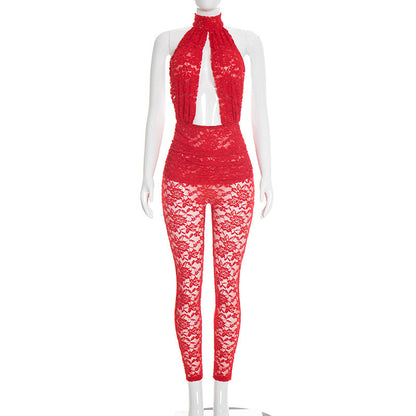 DZHT J26JP039 see-through backless hollow out lace jumpsuit