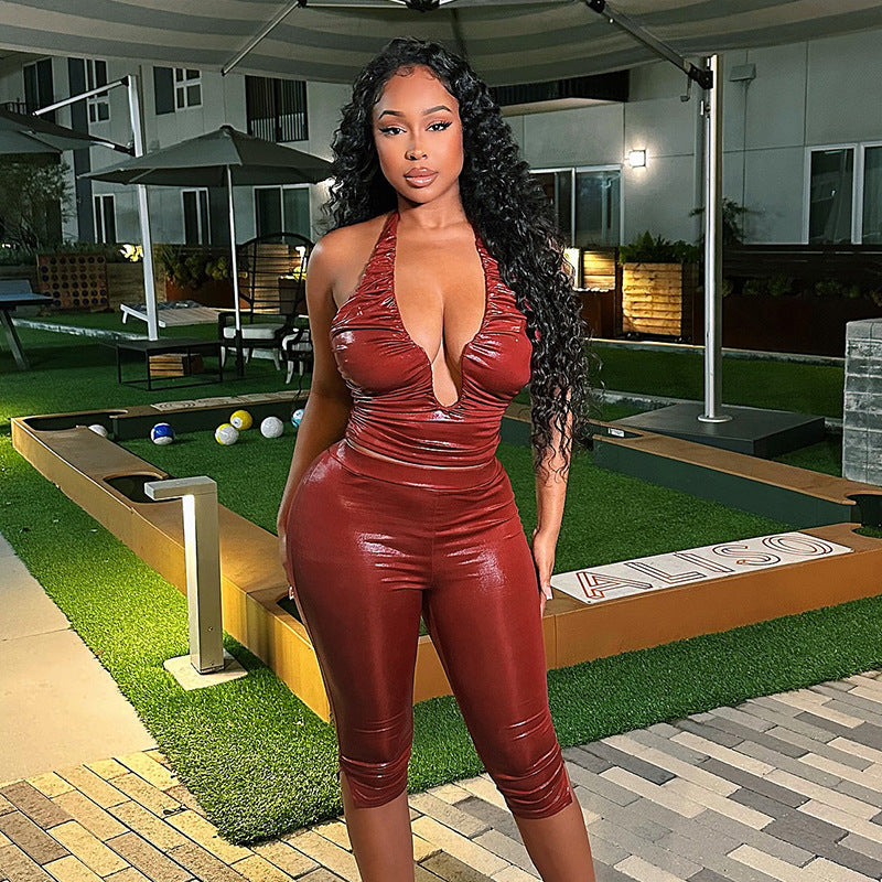 DZHT J25ST430 autumn faux leather U-shaped backless suspender cropped pants suit