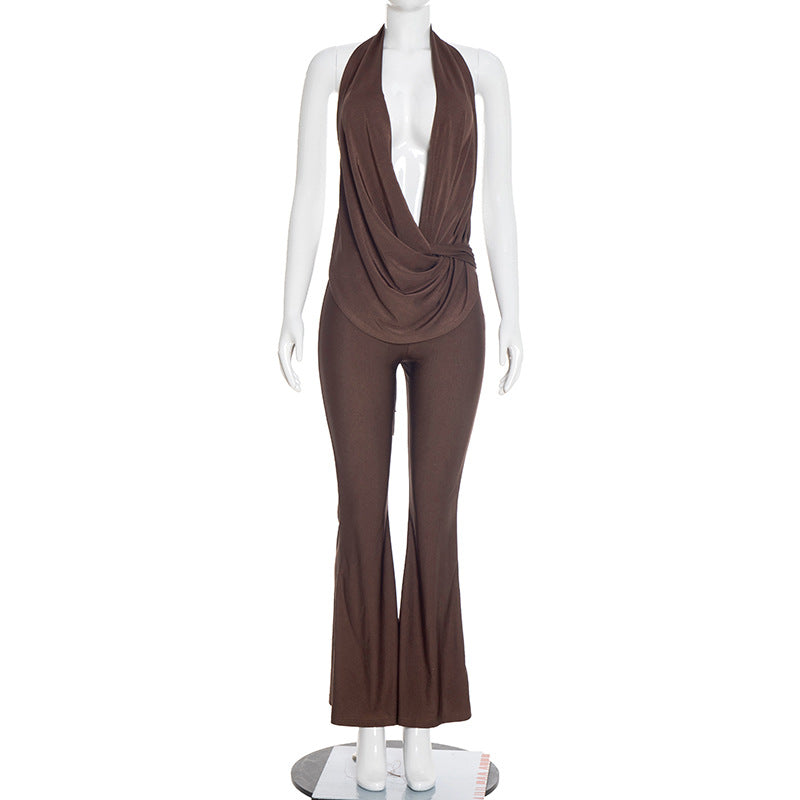 DZHT D25JP554 fashion hollowed-out fake two-piece halter swing collar bare back one-piece trousers