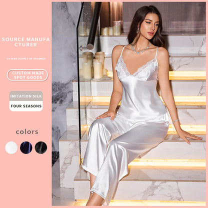 DNL suspender trousers pajamas set lace artificial silk