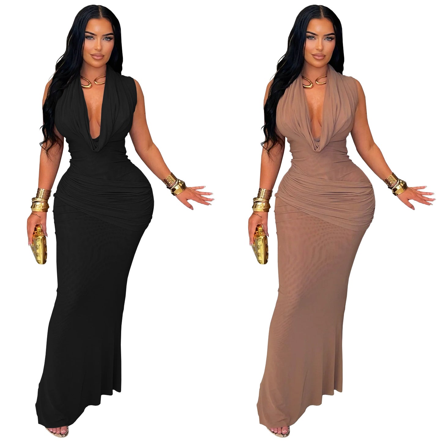 XYZ C7555 sleeveless pleated V-neck low cut dress