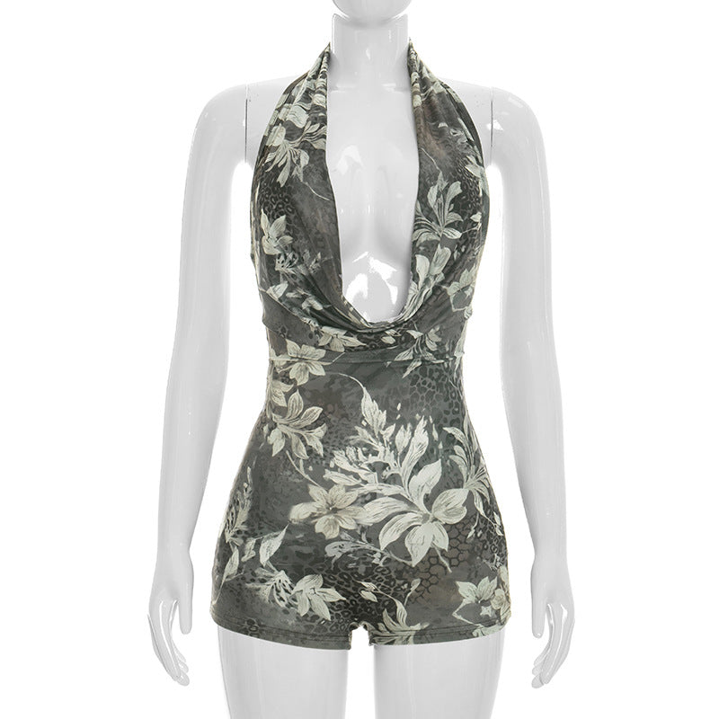 DZHT D26RP046 blooming tiger stripe pattern halter swing collar bare back one-piece shorts