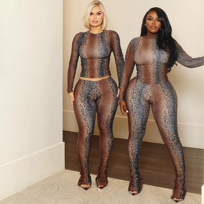 SXR autumn and winter waist-controlled long sleeves top skinny hip raise printed trousers suit