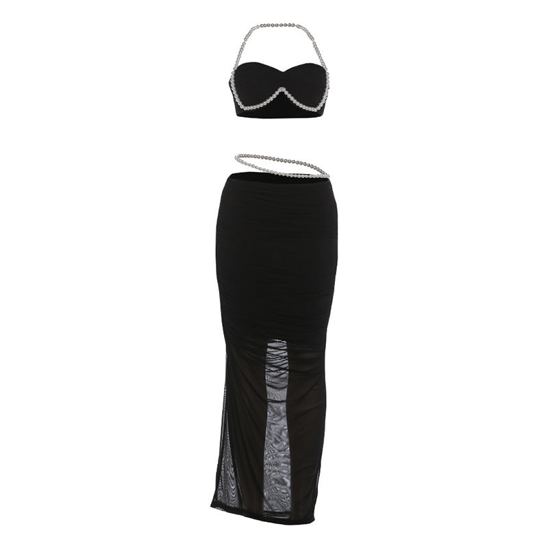 SXR autumn and winter Pearl decorative navel wrapped chest low waist hip-wrapped long skirt suit