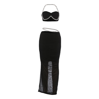 SXR autumn and winter Pearl decorative navel wrapped chest low waist hip-wrapped long skirt suit