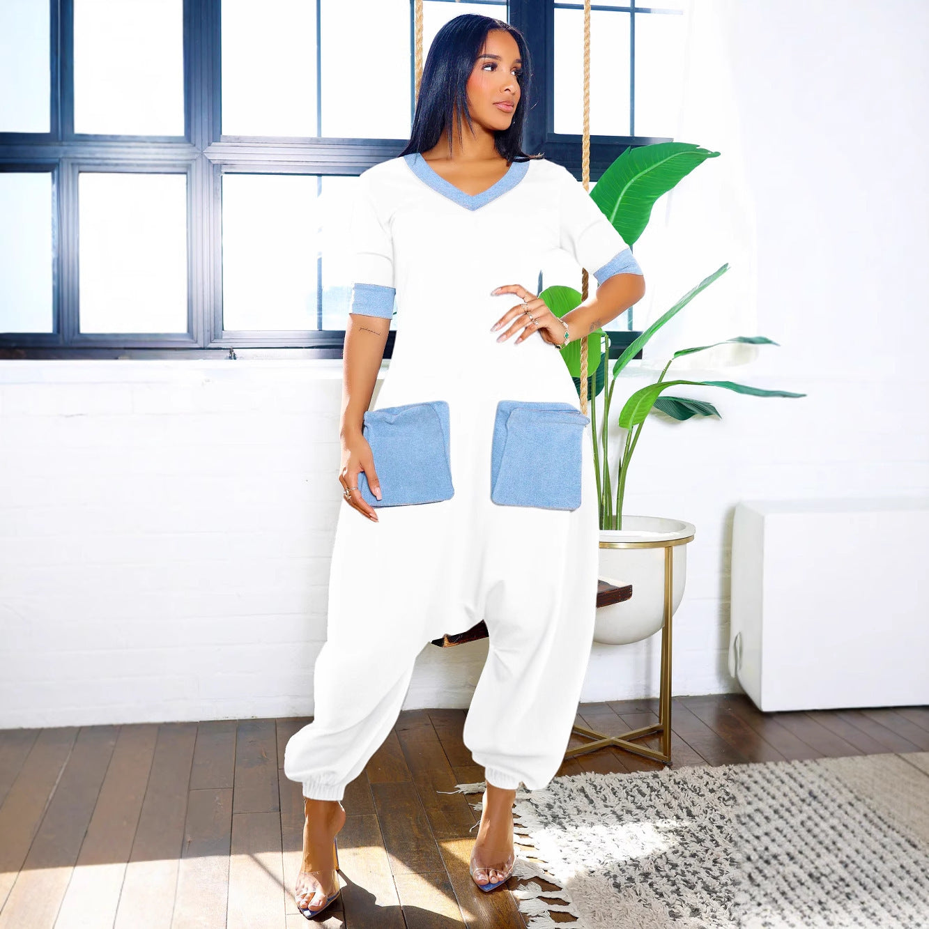 GY (S-3XL) K3600 V-Neck Denim stitching contrast color loose jumpsuit