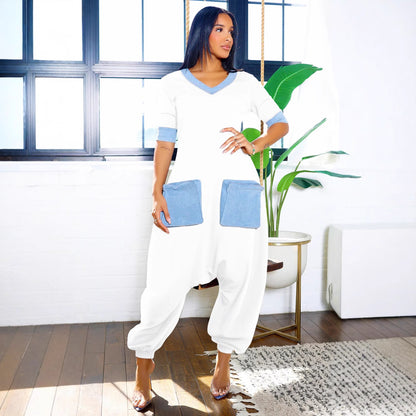 GY (S-3XL) K3600 V-Neck Denim stitching contrast color loose jumpsuit