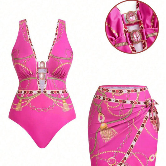 CL (L-4XL) plus size swimsuit deep V one-piece with cover Hanfu long robe two-piece set printed sexy bikini
