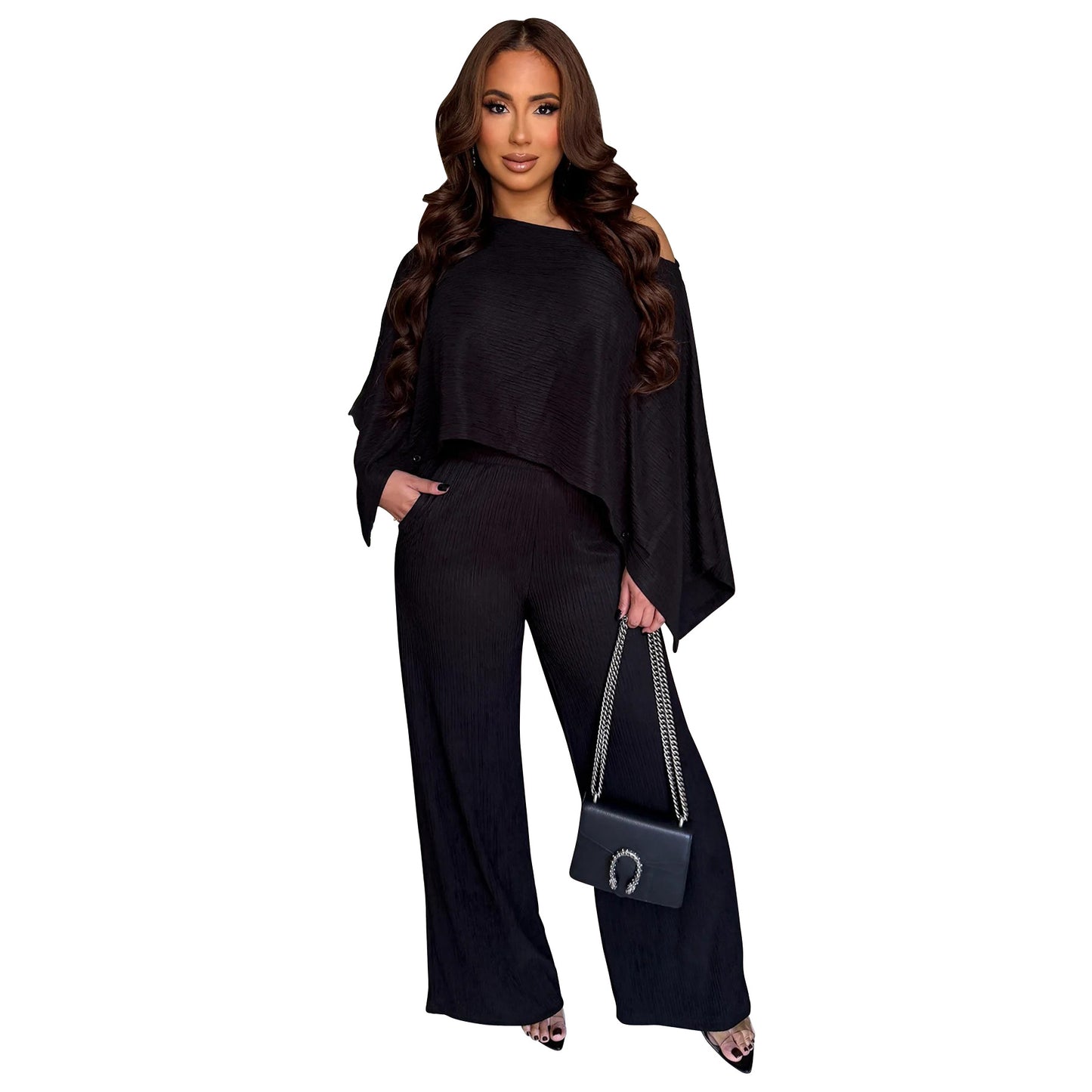 MYF (S-2XL) 10936 pleated oblique shoulder tops trousers casual suit