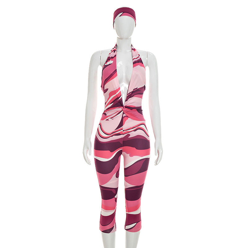 DZHT J26JP235 hair band deep V printed tight cropped jumpsuit two-piece set