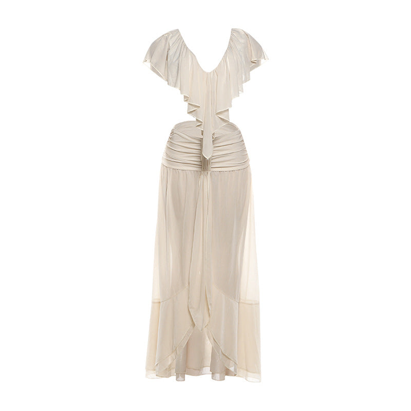 DLS summer solid color chiffon lace-collared blouse slim-fit sheath skirt suit