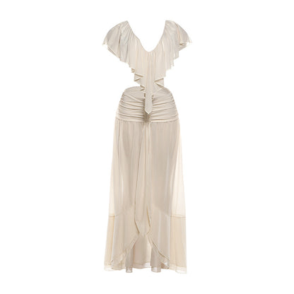 DLS summer solid color chiffon lace-collared blouse slim-fit sheath skirt suit