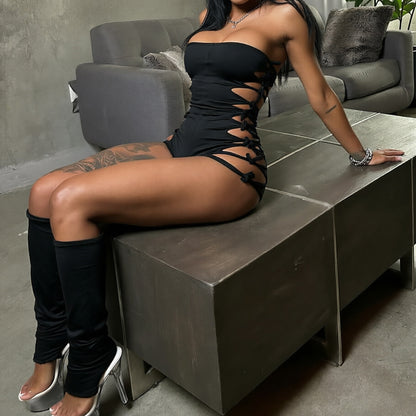 DLS summer hollow out strap sexy tube top jumpsuit all-matching leggings suit