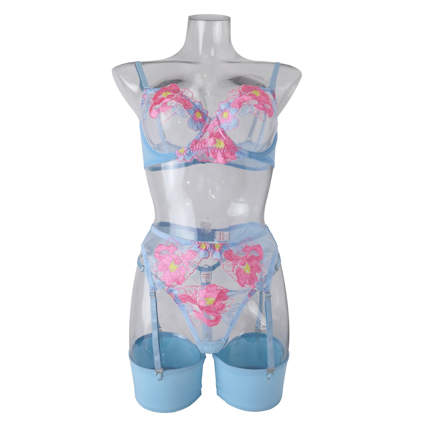 ls three-point embroidery mesh see-through sexy lingerie four-piece set 0348