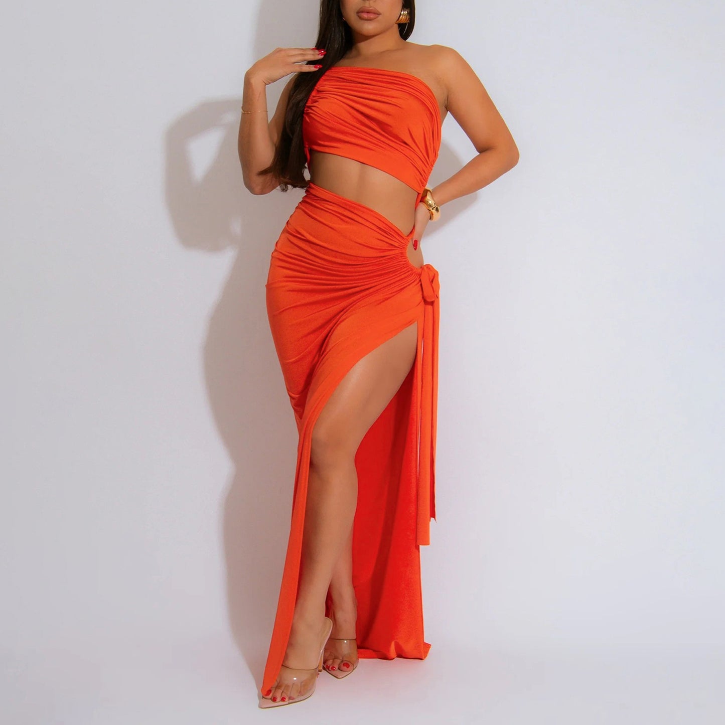 MYF (S-2XL) 20195 diagonal collar tube top split dress