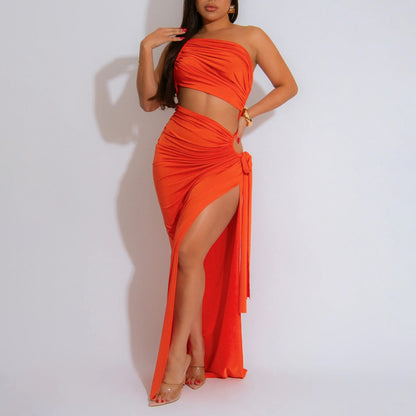 MYF (S-2XL) 20195 diagonal collar tube top split dress