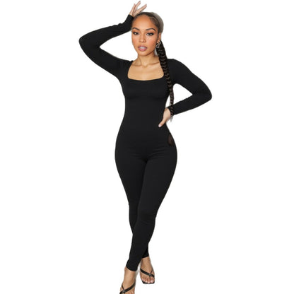 SXR autumn and winter U-collar backless lace up long-sleeved solid color hip-lifting jumpsuit