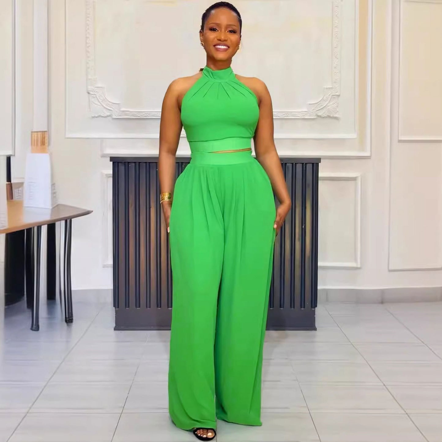 GY (S-3XL) S10773 pleated sleeveless high waist top wide leg pants two-piece set