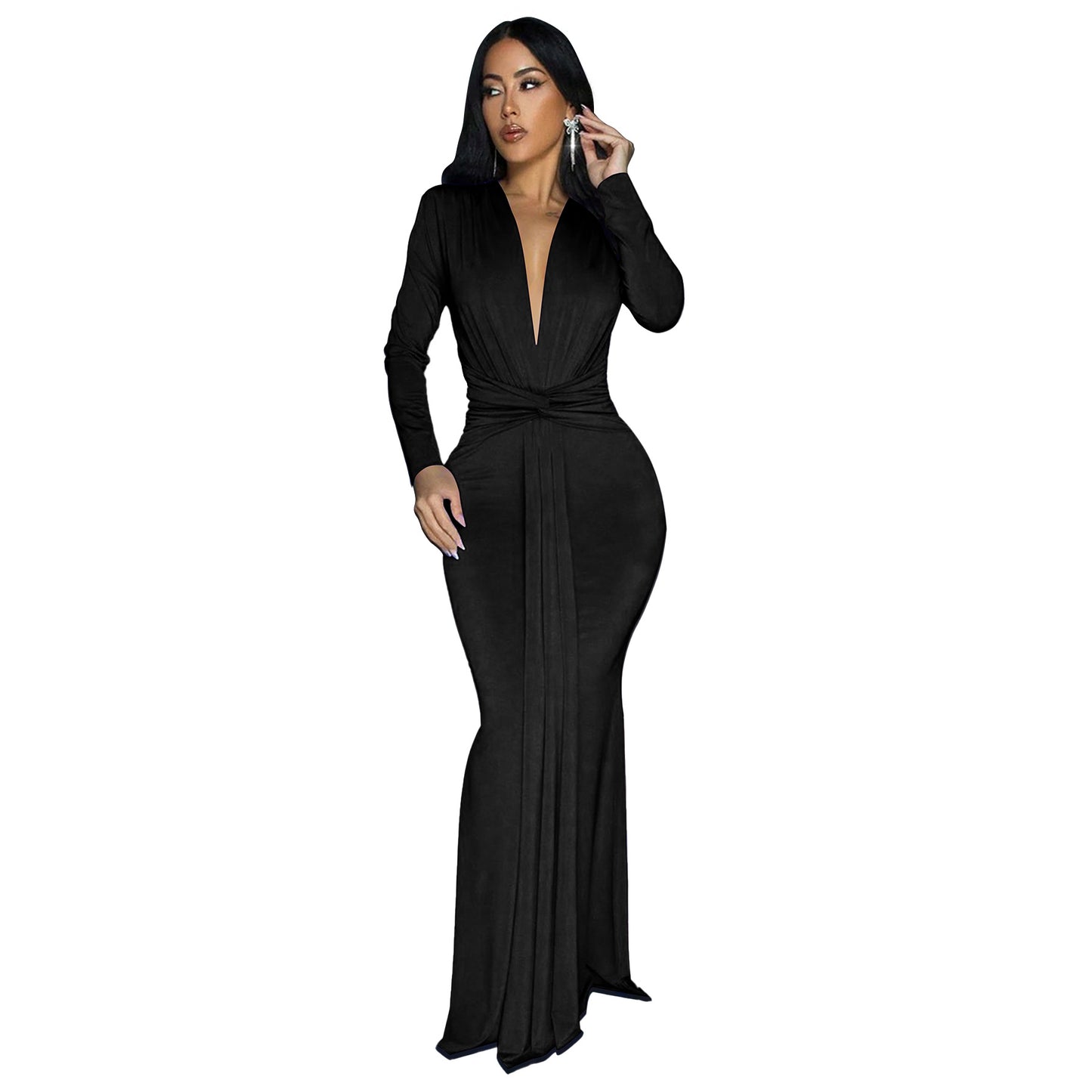 MYF (S-2XL) 061 long dress autumn and winter long sleeve fitted waist pleated dress