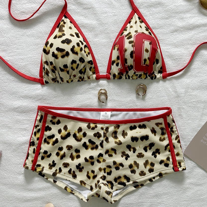 (4 days ready to ship) SY 2026 split two-piece suit halter lace-up leopard print bikini