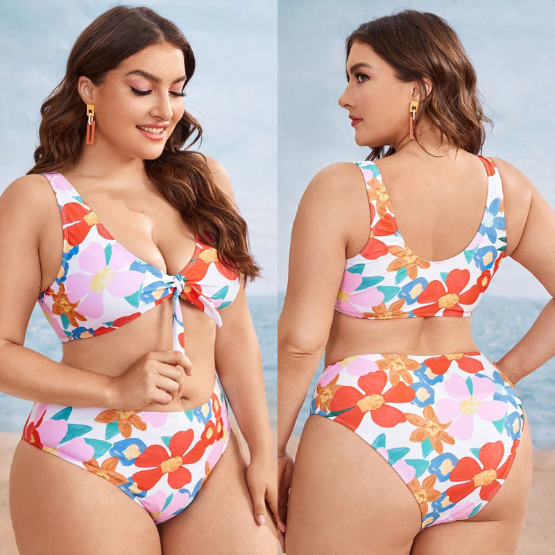 LF (L-4XL) women's split color printing swimsuit plus size