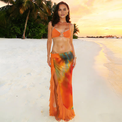 SXR spring vacation sexy halter wrapped chest split ruffled long skirt suit