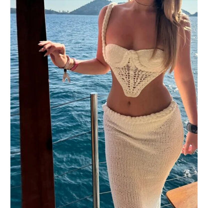 CYB spaghetti straps midriff-baring knitted top hip skirt beach skirt blouse suit