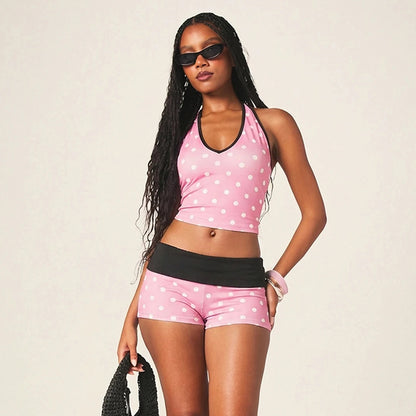 DZHT Y26ST096 fashionable fresh sweet tight halter polka dot contrast color suit