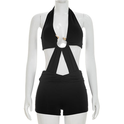 DZHT J26RP189 snake ring decorative halter strap backless Siamese shorts