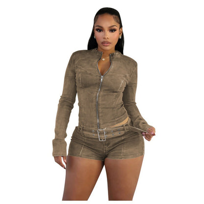 MZ (S-2XL) denim shorts MZ88616 long sleeve stretch shorts belt suit