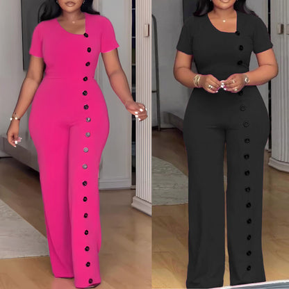 GY (S-3XL) S10893 irregular neckline tight waist wide leg breasted jumpsuit