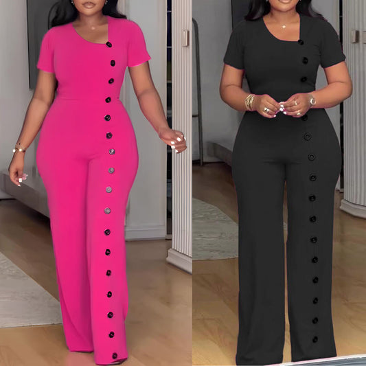 GY (S-3XL) S10893 irregular neckline tight waist wide leg breasted jumpsuit