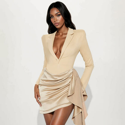 DZHT Q25DS432 deep V-neck pleated long sleeve waist suit skirt