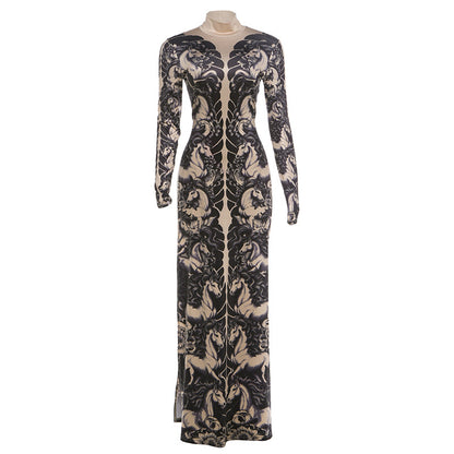 DLS Spring animal print long sleeve half turtleneck slim-fit slimming long top