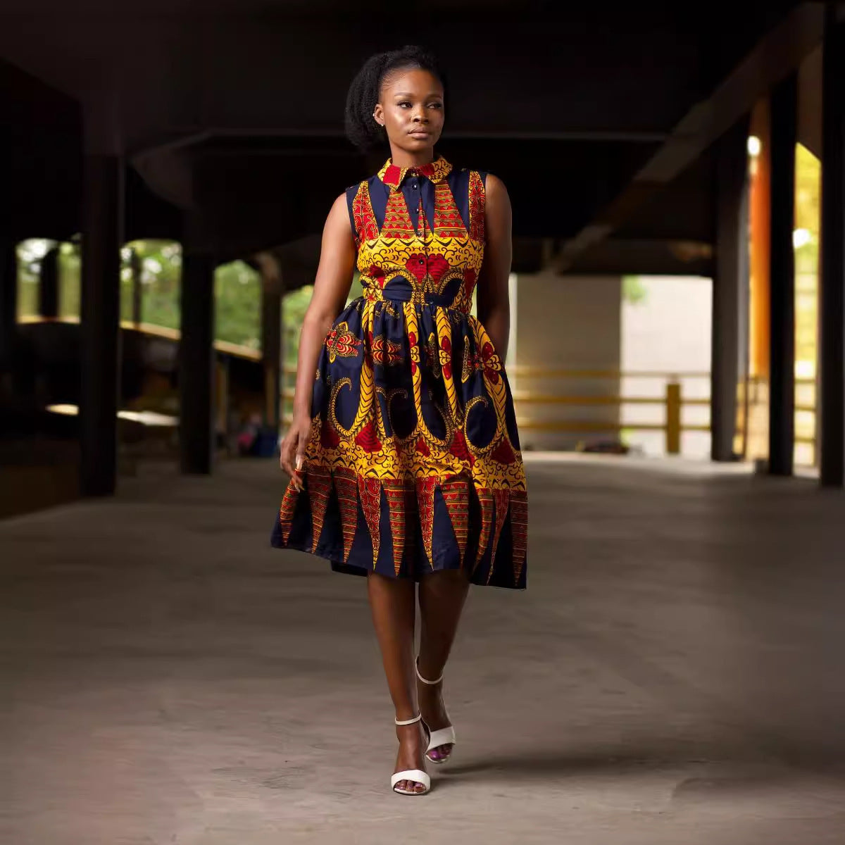 GY (S-3XL) S10730 printed waist-controlled lapel doll collar midi dress