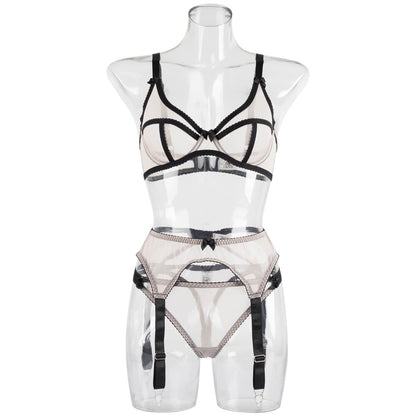 Garter steel ring mesh see-through temptation three-piece sexy lingerie body shaping two-piece suits LS1565