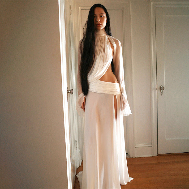 SXR winter see-through turtleneck bell sleeve top split dress suit