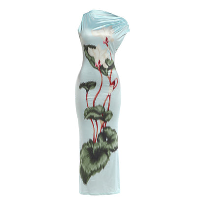 DLS summer crossbody collar waist slimming printed sheath dress