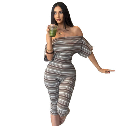 DLS summer stripes tube top off-shoulder short sleeve skinny knee length pants suit