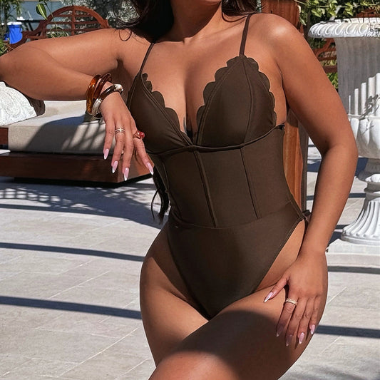 XM coffee color deep V strap one-piece swimsuit G165WX
