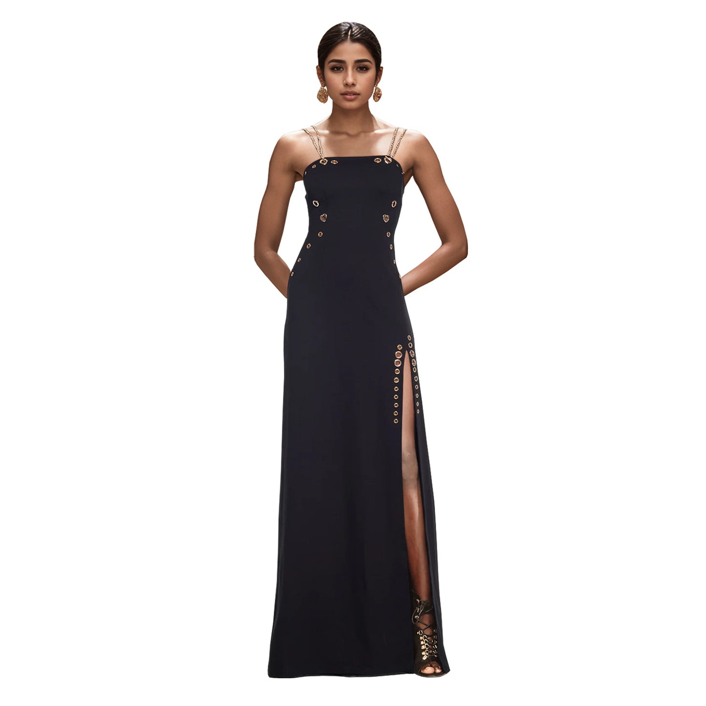 XYZ C7522 elegant gold necklace sleeveless split dress