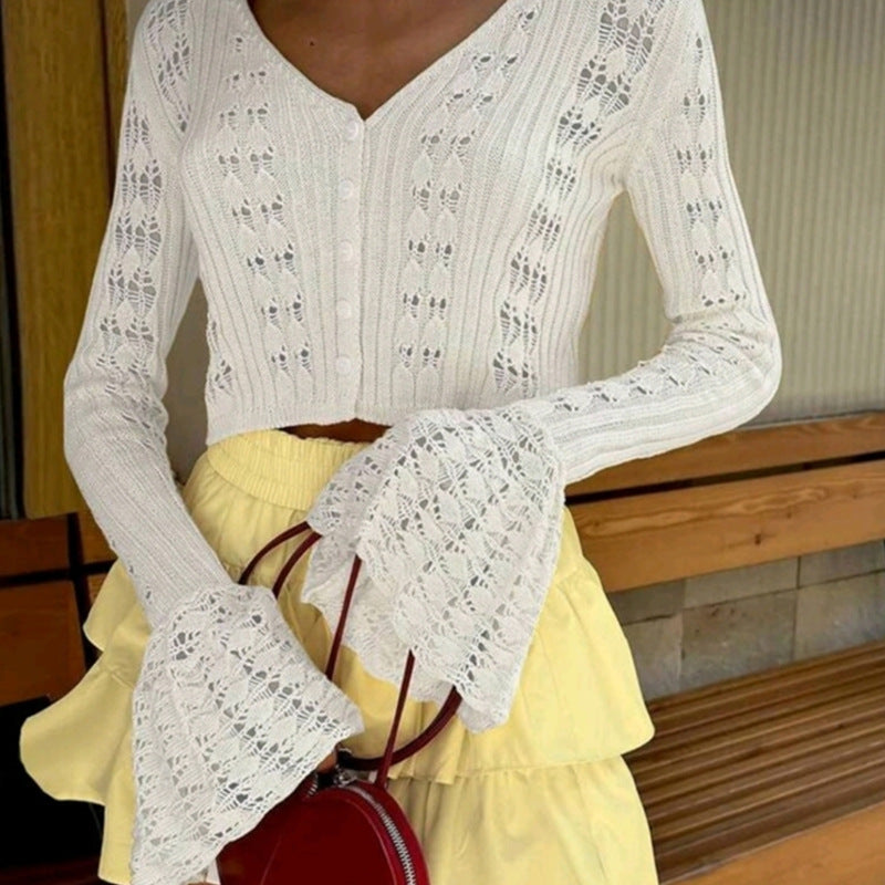 CYB knitted cardigan long sleeve V-neck French bell sleeve blouse